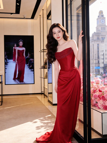 Enticing Strapless Sheath Prom Dress Red Sequins Evening Dress AP7225