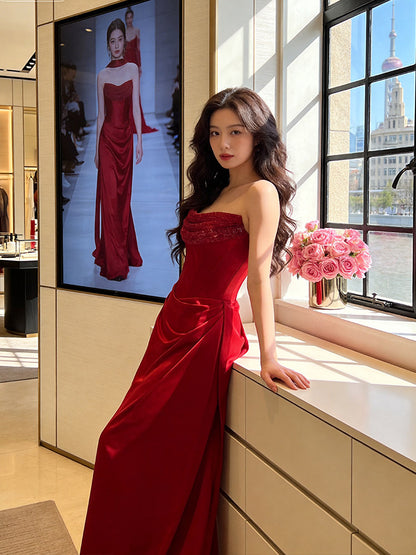 Enticing Strapless Sheath Prom Dress Red Sequins Evening Dress AP7225
