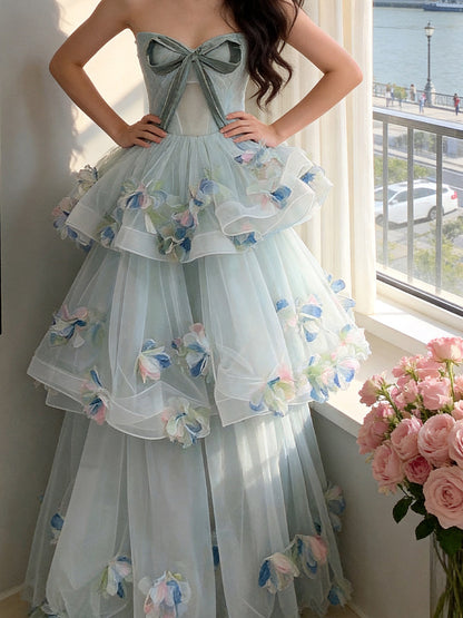 Appealing Strapless Blue Prom Dress Appliques Bow Tiered A-Line Evening Dress AP7226