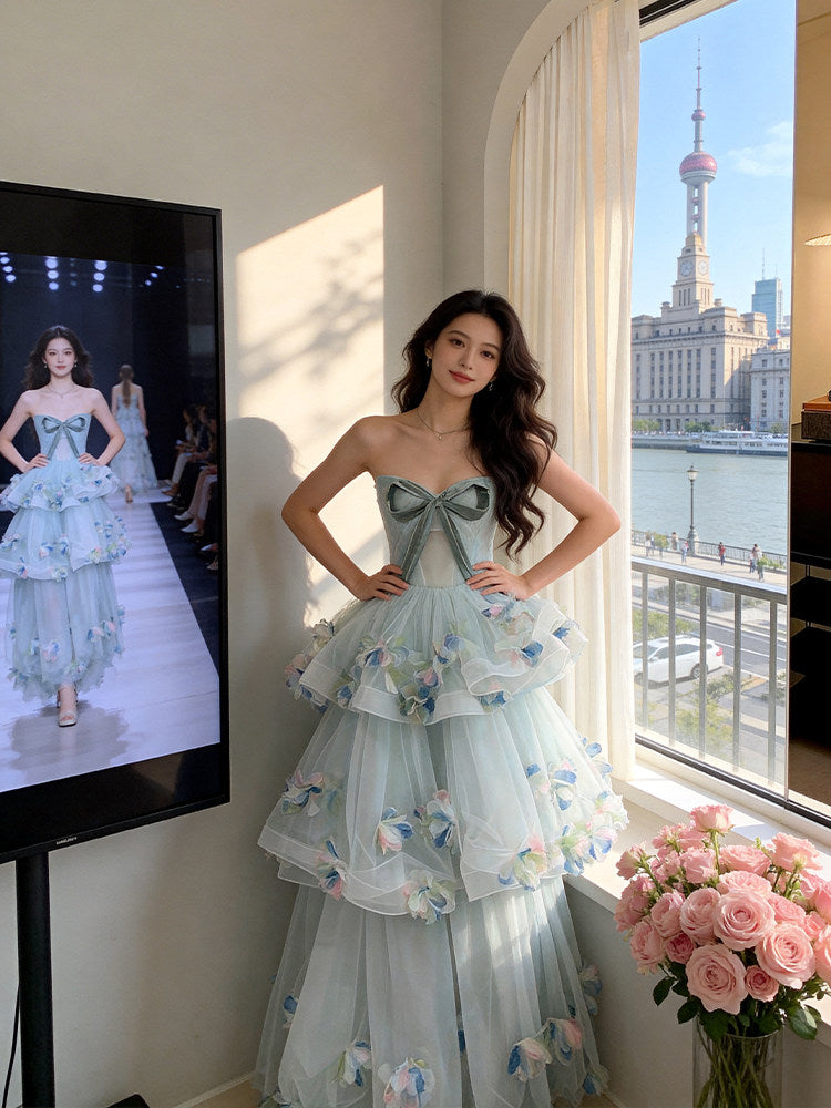 Appealing Strapless Blue Prom Dress Appliques Bow Tiered A-Line Evening Dress AP7226