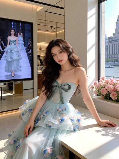 Appealing Strapless Blue Prom Dress Appliques Bow Tiered A-Line Evening Dress AP7226