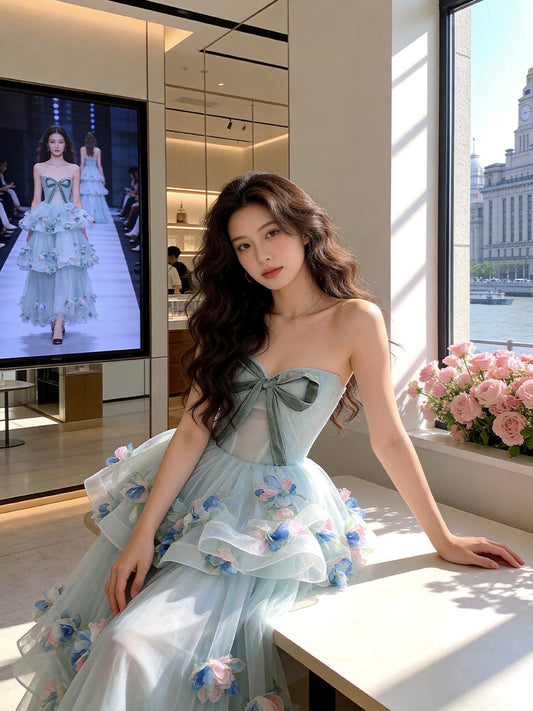 Appealing Strapless Blue Prom Dress Appliques Bow Tiered A-Line Evening Dress AP7226