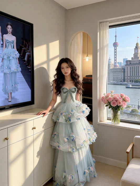 Appealing Strapless Blue Prom Dress Appliques Bow Tiered A-Line Evening Dress AP7226