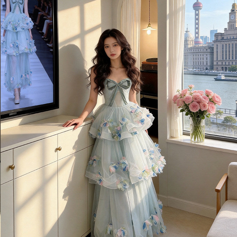 Appealing Strapless Blue Prom Dress Appliques Bow Tiered A-Line Evening Dress AP7226