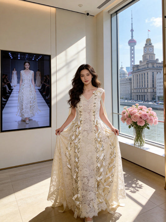 Avant-Garde V Neck Ivory Prom Dress Appliques Lace-Up A-Line Evening Dress AP7227