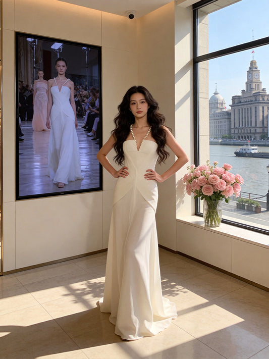 Eye-Catching Beaded Halter Neck Wedding Dress Satin A-Line Bridal Outfits AP7228
