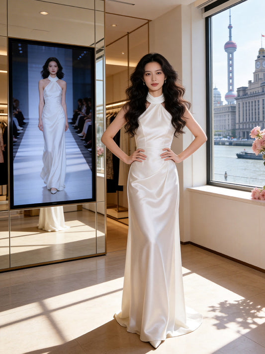 Fresh Halter Neck Wedding Dress Long Satin Sheath Bridal Outfits AP7229