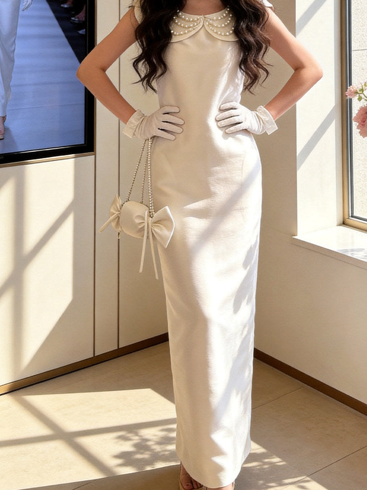 Victorian-Inspired Jewel Neck White Prom Dress Beads Satin Sheath Evening Dress AP7230