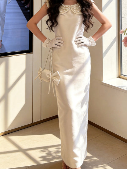 Victorian-Inspired Jewel Neck White Prom Dress Beads Satin Sheath Evening Dress AP7230