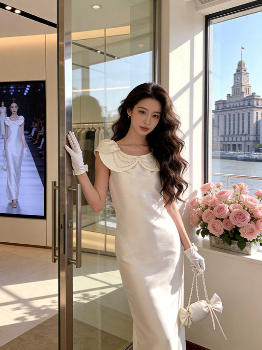 Victorian-Inspired Jewel Neck White Prom Dress Beads Satin Sheath Evening Dress AP7230