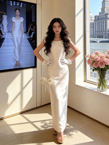 Victorian-Inspired Jewel Neck White Prom Dress Beads Satin Sheath Evening Dress AP7230