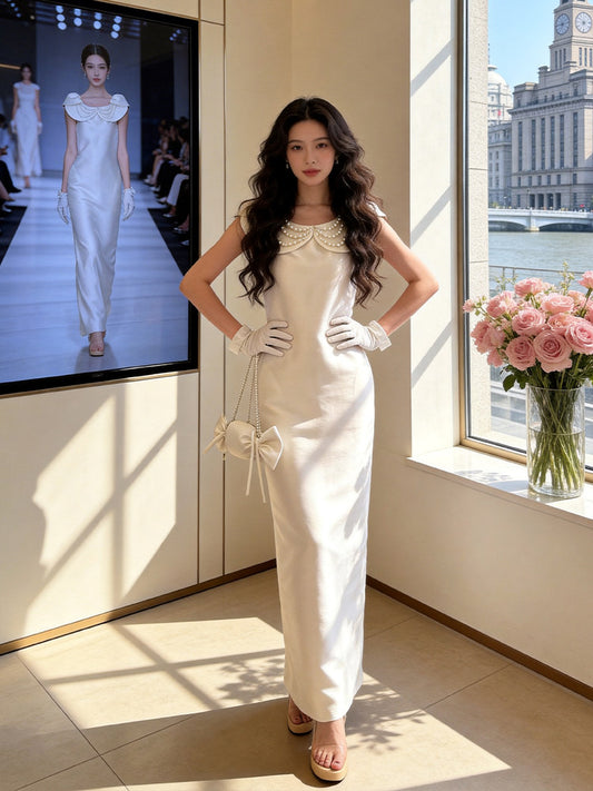 Victorian-Inspired Jewel Neck White Prom Dress Beads Satin Sheath Evening Dress AP7230