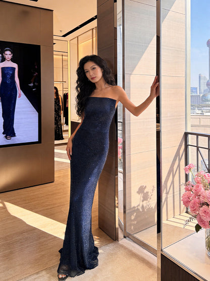Sleek Strapless  Navy Blue Prom Dress Sequins Mermaid Evening Dress AP7231
