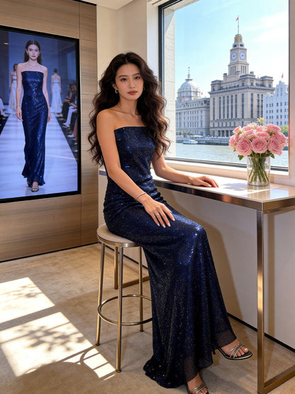 Sleek Strapless  Navy Blue Prom Dress Sequins Mermaid Evening Dress AP7231