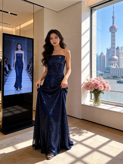 Sleek Strapless  Navy Blue Prom Dress Sequins Mermaid Evening Dress AP7231