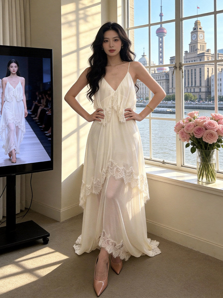 Dainty Spaghetti Strap A-Line White Prom Dress Lace Tiered Evening Dress AP7232