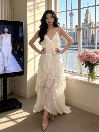 Dainty Spaghetti Strap A-Line White Prom Dress Lace Tiered Evening Dress AP7232