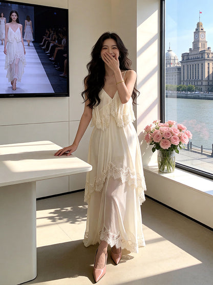 Dainty Spaghetti Strap A-Line White Prom Dress Lace Tiered Evening Dress AP7232