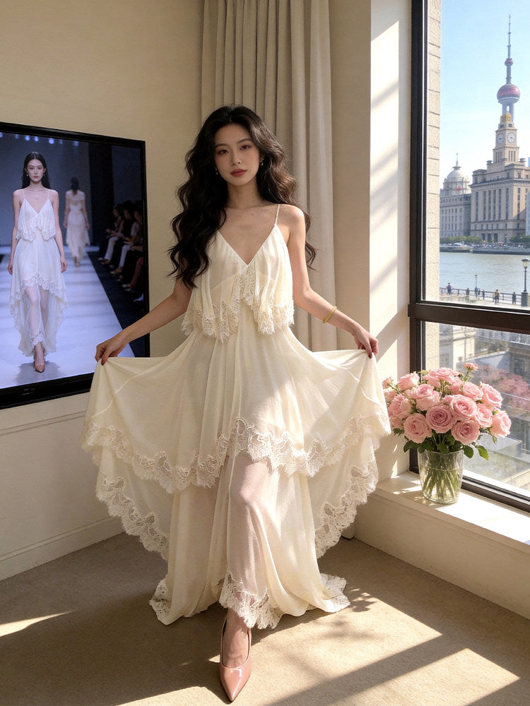 Dainty Spaghetti Strap A-Line White Prom Dress Lace Tiered Evening Dress AP7232