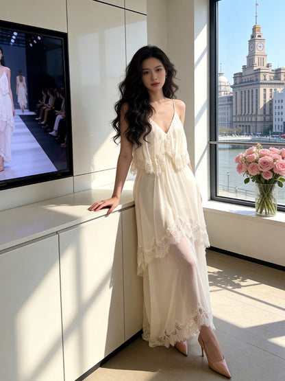 Dainty Spaghetti Strap A-Line White Prom Dress Lace Tiered Evening Dress AP7232