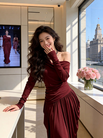 Lustrous Asymmetrical Neck Burgundy Prom Dress Long Sleeve Sheath Formal Outfit AP7234