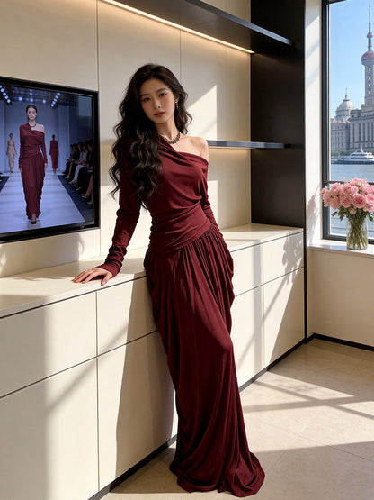 Lustrous Asymmetrical Neck Burgundy Prom Dress Long Sleeve Sheath Formal Outfit AP7234