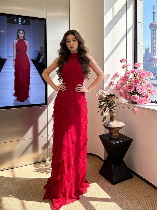 Classy Halter Neck Red Prom Dress Tiered Ruffles Sheath Evening Dress AP7235