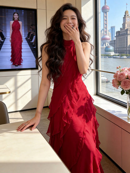 Classy Halter Neck Red Prom Dress Tiered Ruffles Sheath Evening Dress AP7235