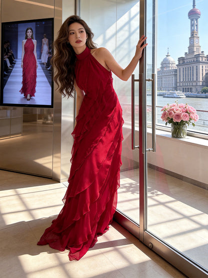 Classy Halter Neck Red Prom Dress Tiered Ruffles Sheath Evening Dress AP7235