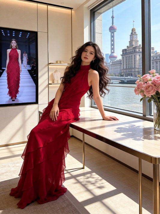 Classy Halter Neck Red Prom Dress Tiered Ruffles Sheath Evening Dress AP7235
