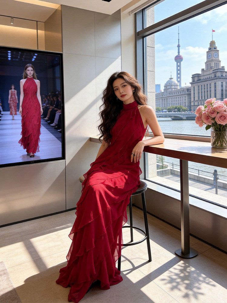 Classy Halter Neck Red Prom Dress Tiered Ruffles Sheath Evening Dress AP7235