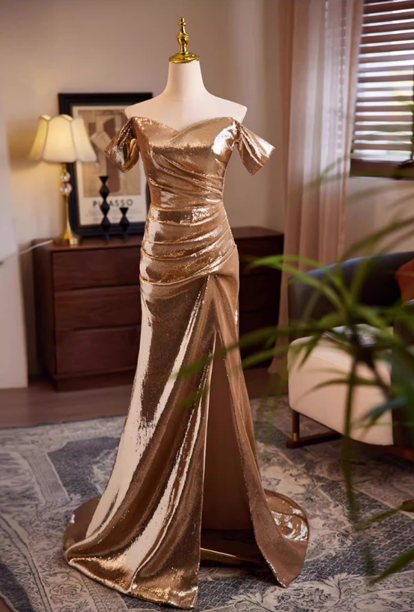 Lustrous Off-Shoulder Mermaid Draped Sweet 16th Dresses High-Slit Sequins Prom Dress AP5592