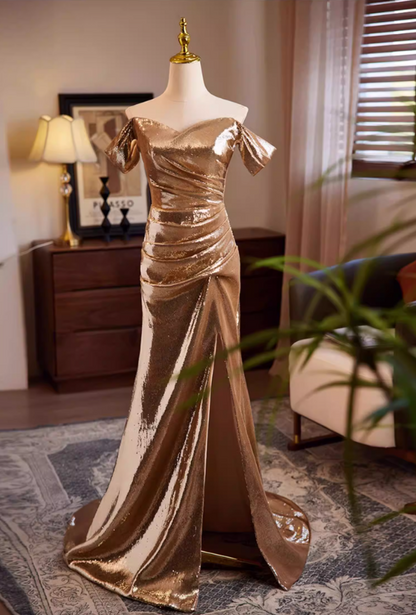 Lustrous Off-Shoulder Mermaid Draped Sweet 16th Dresses High-Slit Sequins Prom Dress AP5592