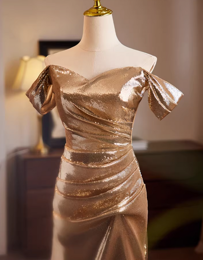 Lustrous Off-Shoulder Mermaid Draped Sweet 16th Dresses High-Slit Sequins Prom Dress AP5592