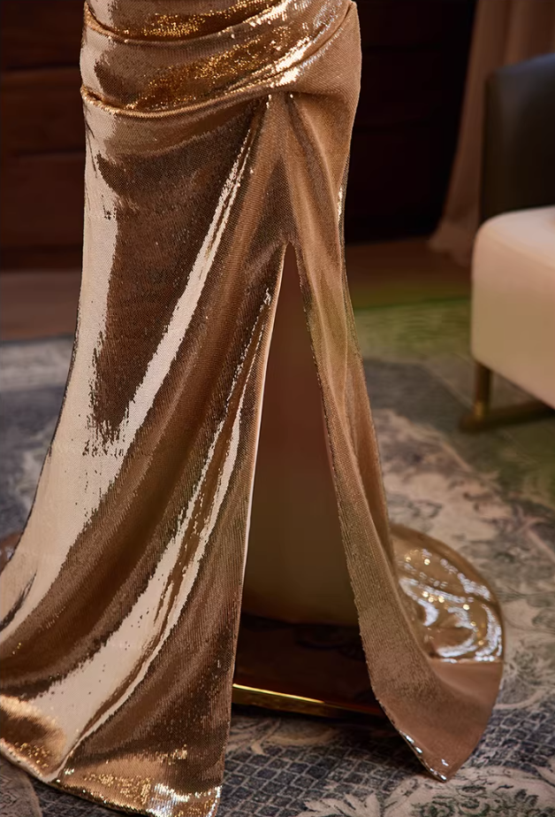 Lustrous Off-Shoulder Mermaid Draped Sweet 16th Dresses High-Slit Sequins Prom Dress AP5592