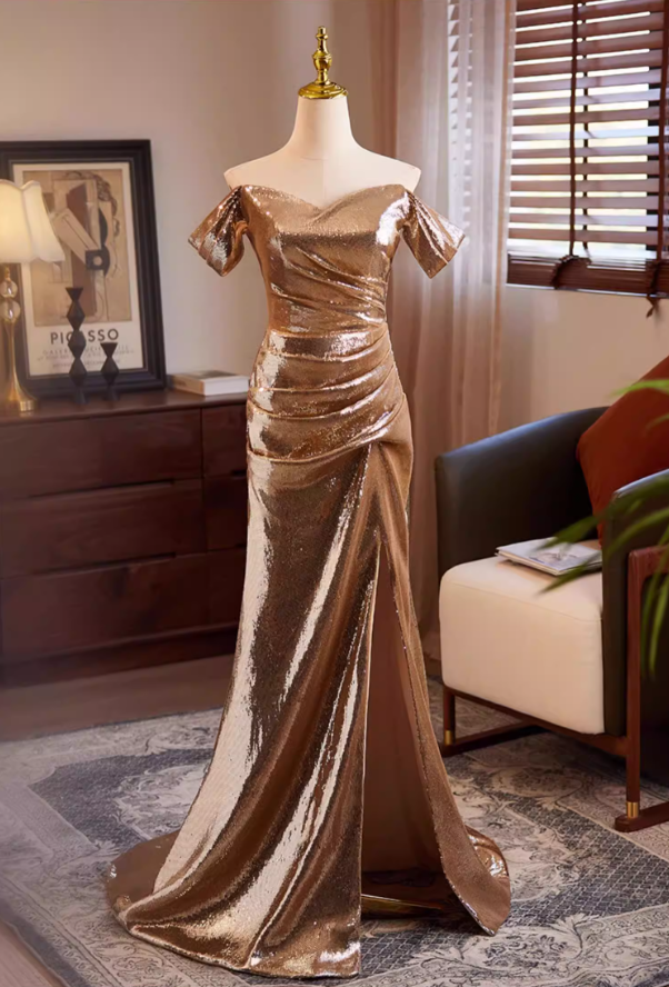 Lustrous Off-Shoulder Mermaid Draped Sweet 16th Dresses High-Slit Sequins Prom Dress AP5592