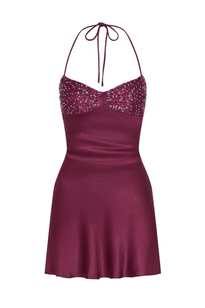 Satin Ruched Bust Lace Up Mini Homecoming Dress with Sequin AS002