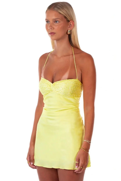 Satin Ruched Bust Lace Up Mini Homecoming Dress with Sequin AS002