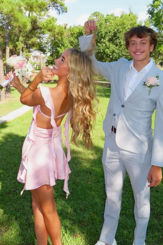 Blush Pink Ruffle Strap Mini Homecoming Dress with Side Cutouts AS003