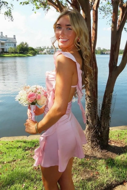 Blush Pink Ruffle Strap Mini Homecoming Dress with Side Cutouts AS003