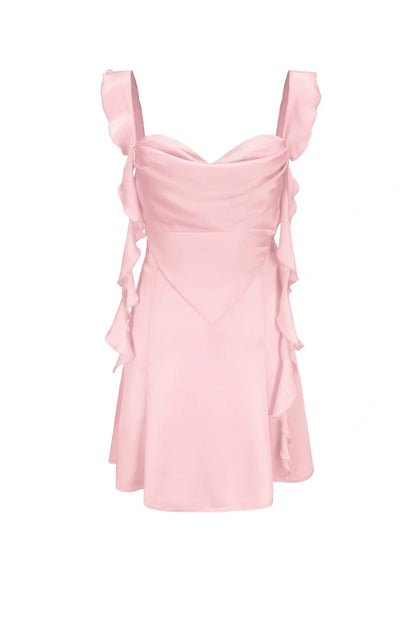 Blush Pink Ruffle Strap Mini Homecoming Dress with Side Cutouts AS003