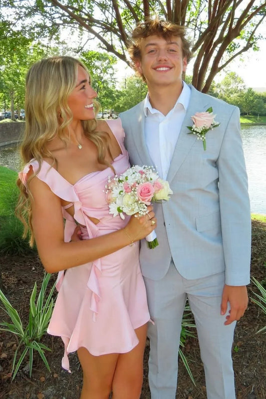 Blush Pink Ruffle Strap Mini Homecoming Dress with Side Cutouts AS003
