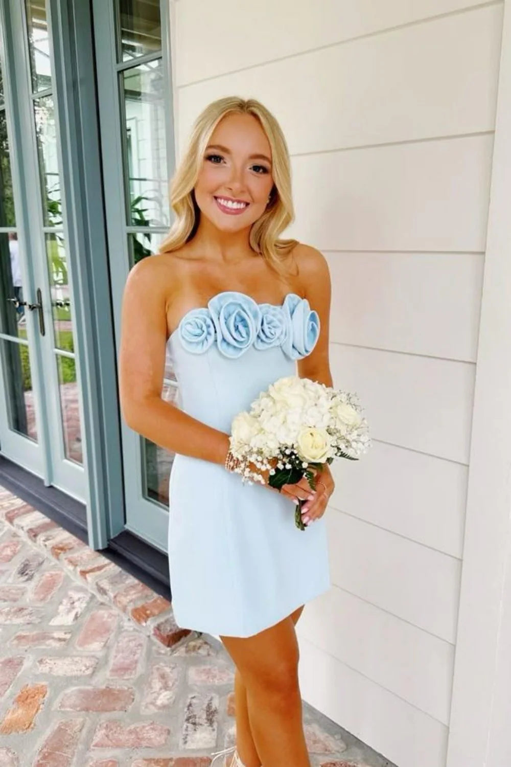Cute Bodycon Strapless Mini Homecoming Dress with 3D Rosette Bodice Detail AS006