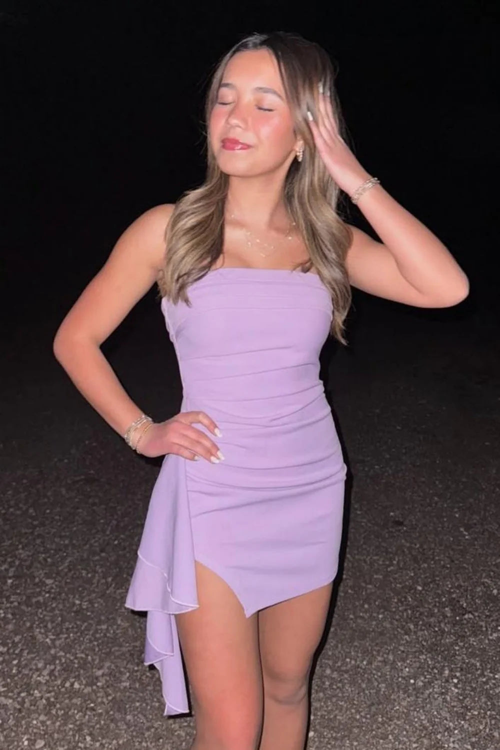 Chic Strapless Ruched Asymmetrical Hem Short Homecoming Dress AS009