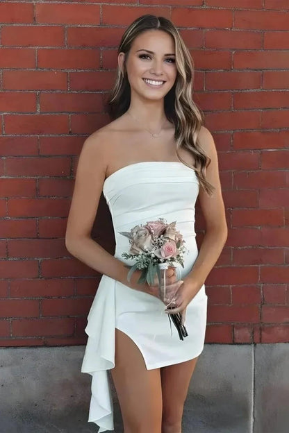 Chic Strapless Ruched Asymmetrical Hem Short Homecoming Dress AS009