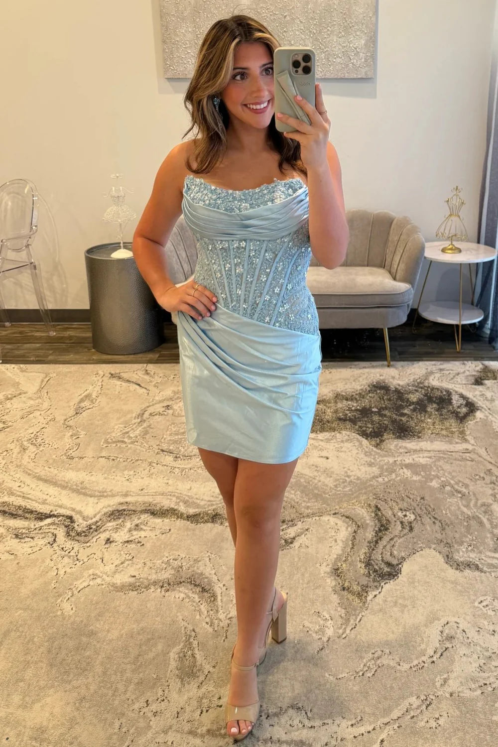 Cute Strapless Bodycon Lace Top Short Tight Satin Homecoming Dress AS017