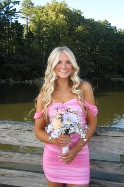 Stunning Off-Shoulder Ruched Pink Bodycon Homecoming Dress AS018