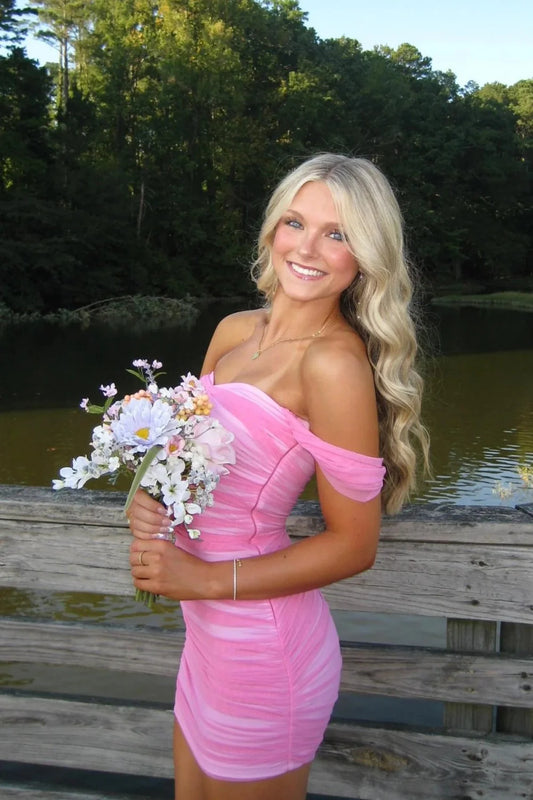 Stunning Off-Shoulder Ruched Pink Bodycon Homecoming Dress AS018