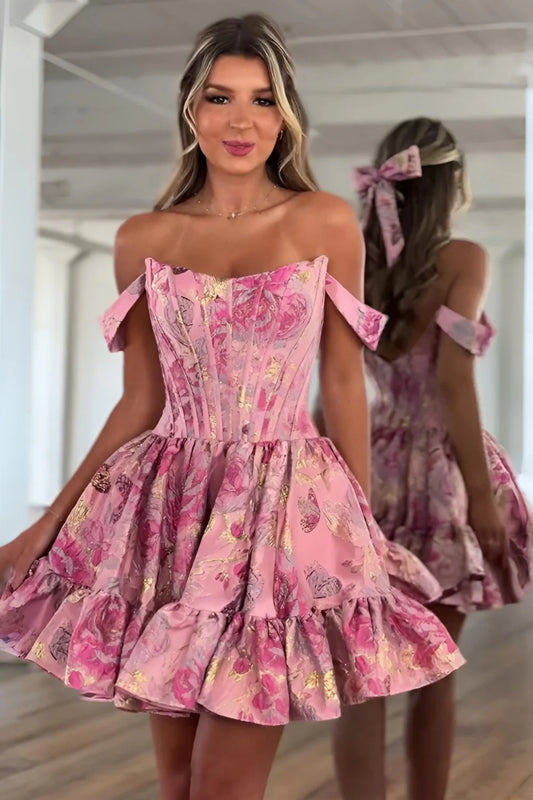 Elegant Off-Shoulder Pink Floral Brocade Homecoming Dress with Ruffled Skirt AS019