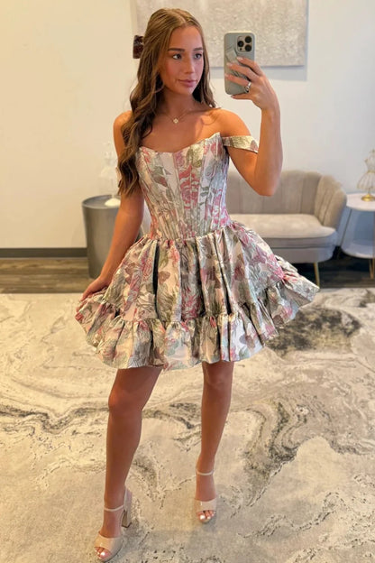 Elegant Off-Shoulder Pink Floral Brocade Homecoming Dress with Ruffled Skirt AS019